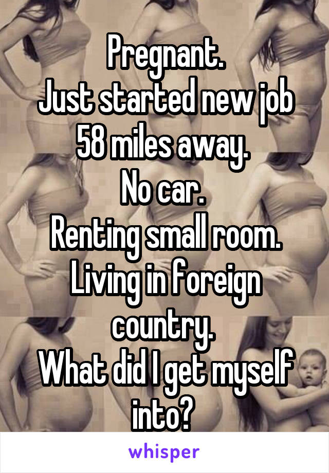 Pregnant.
Just started new job 58 miles away. 
No car. 
Renting small room.
Living in foreign country. 
What did I get myself into? 