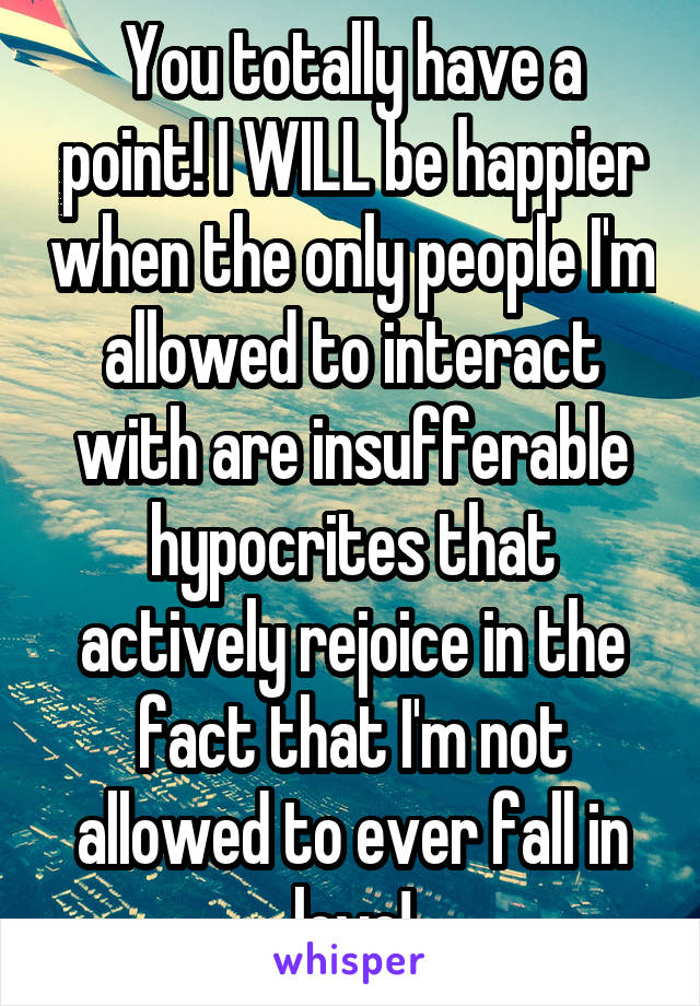 You totally have a point! I WILL be happier when the only people I'm allowed to interact with are insufferable hypocrites that actively rejoice in the fact that I'm not allowed to ever fall in love!