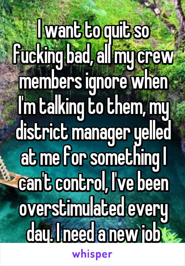 I want to quit so fucking bad, all my crew members ignore when I'm talking to them, my district manager yelled at me for something I can't control, I've been overstimulated every day. I need a new job