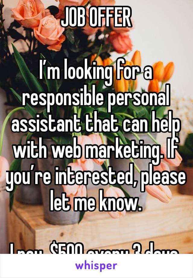 JOB OFFER 

I’m looking for a responsible personal assistant that can help with web marketing. If you’re interested, please let me know.

I pay, $500 every 3 days.