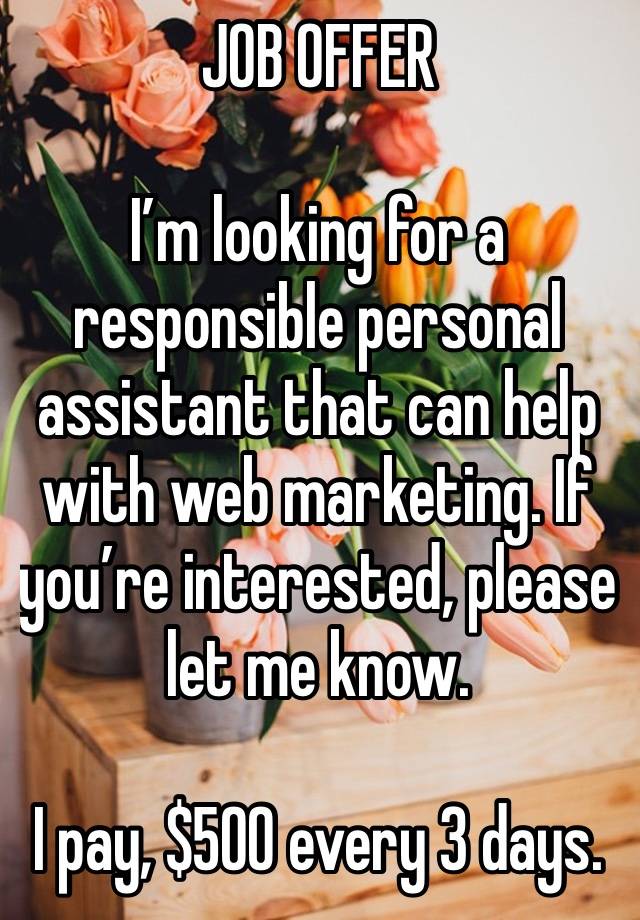 JOB OFFER 

I’m looking for a responsible personal assistant that can help with web marketing. If you’re interested, please let me know.

I pay, $500 every 3 days.