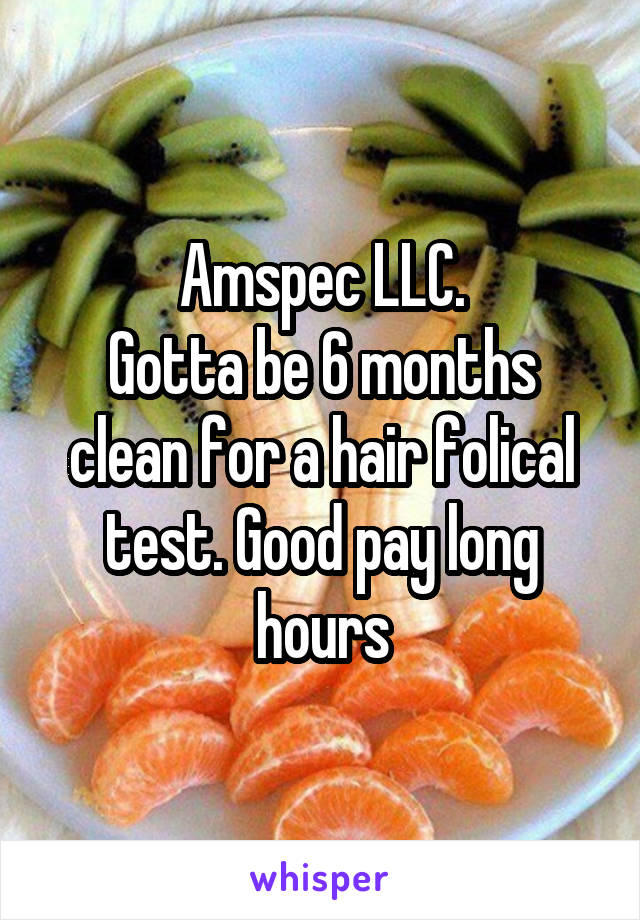 Amspec LLC.
Gotta be 6 months clean for a hair folical test. Good pay long hours