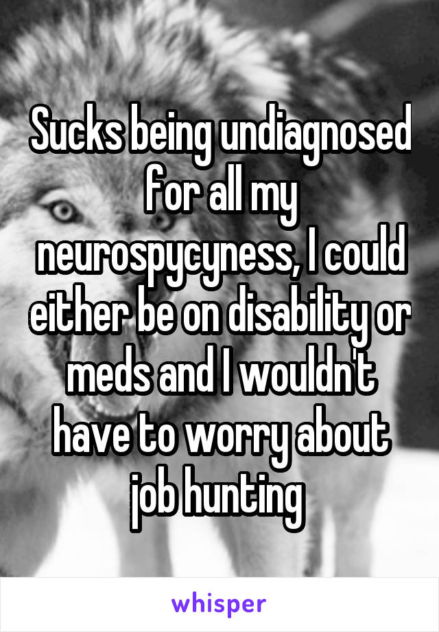 Sucks being undiagnosed for all my neurospycyness, I could either be on disability or meds and I wouldn't have to worry about job hunting 