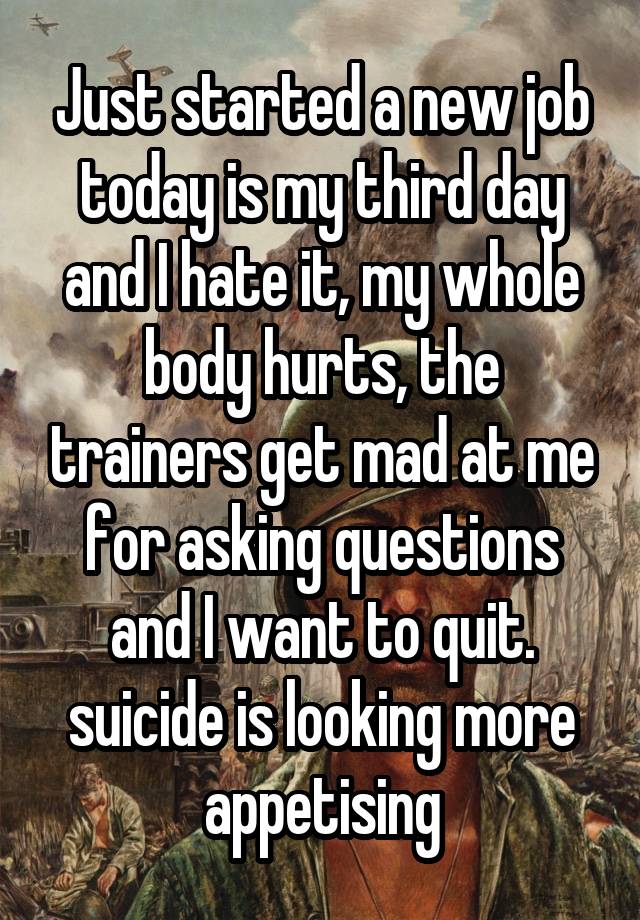 Just started a new job today is my third day and I hate it, my whole body hurts, the trainers get mad at me for asking questions and I want to quit. suicide is looking more appetising