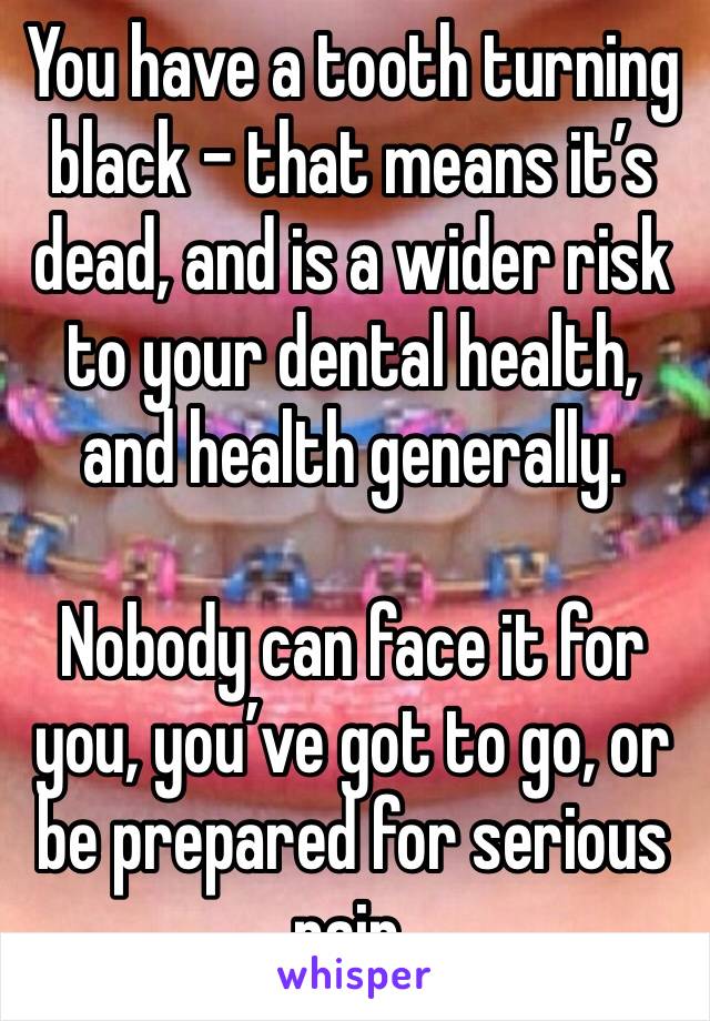 You have a tooth turning black - that means it’s dead, and is a wider risk to your dental health, and health generally.

Nobody can face it for you, you’ve got to go, or be prepared for serious pain.