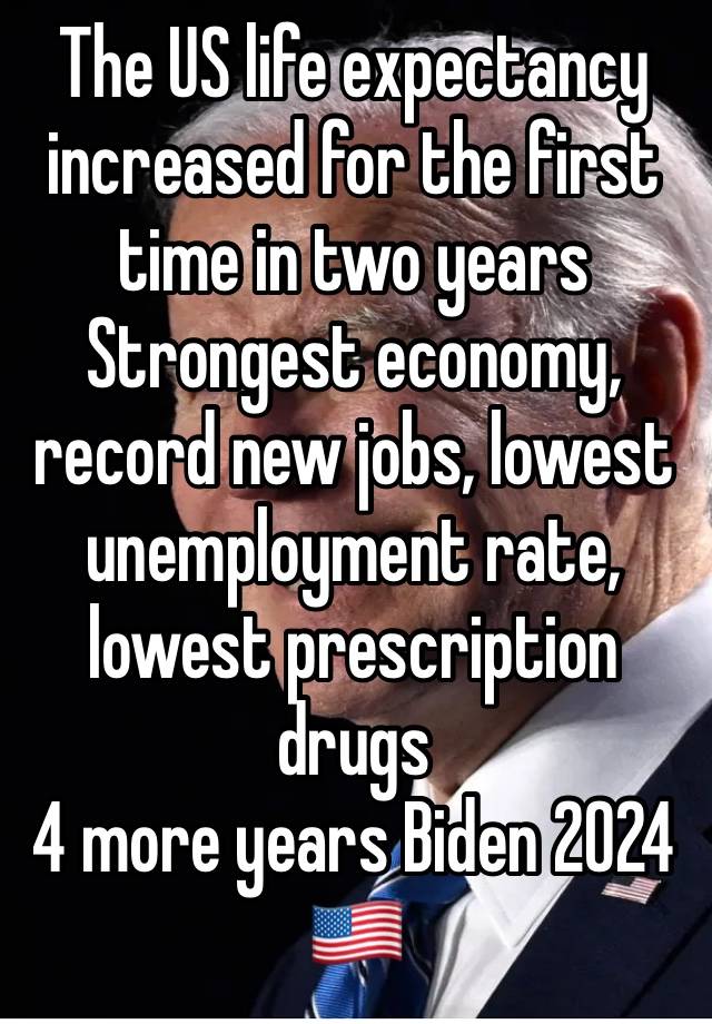 The US life expectancy increased for the first time in two years 
Strongest economy, record new jobs, lowest unemployment rate, lowest prescription drugs
4 more years Biden 2024  🇺🇸