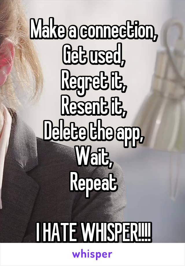 Make a connection,
Get used,
Regret it,
Resent it,
Delete the app,
Wait,
Repeat

I HATE WHISPER!!!!