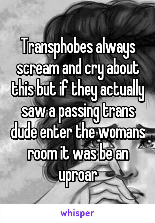 Transphobes always scream and cry about this but if they actually saw a passing trans dude enter the womans room it was be an uproar