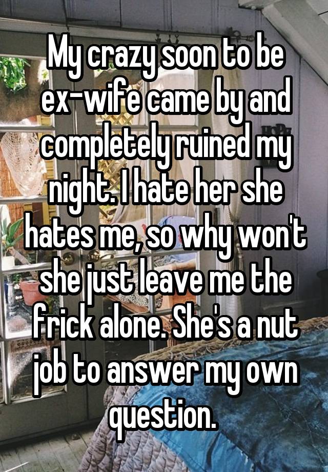 My crazy soon to be ex-wife came by and completely ruined my night. I hate her she hates me, so why won't she just leave me the frick alone. She's a nut job to answer my own question. 