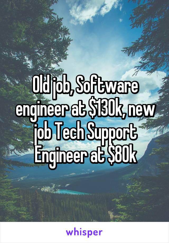 Old job, Software engineer at $130k, new job Tech Support Engineer at $80k