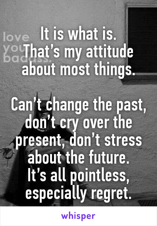 It is what is.
That’s my attitude about most things.

Can’t change the past, don’t cry over the present, don’t stress about the future.
It’s all pointless, especially regret.