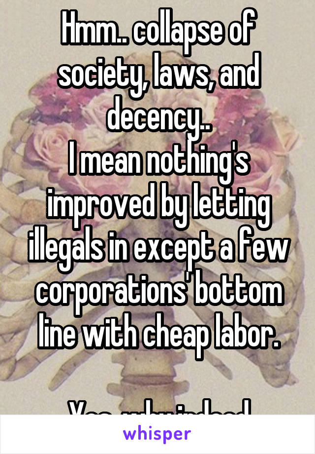 Hmm.. collapse of society, laws, and decency..
I mean nothing's improved by letting illegals in except a few corporations' bottom line with cheap labor.

Yes, why indeed