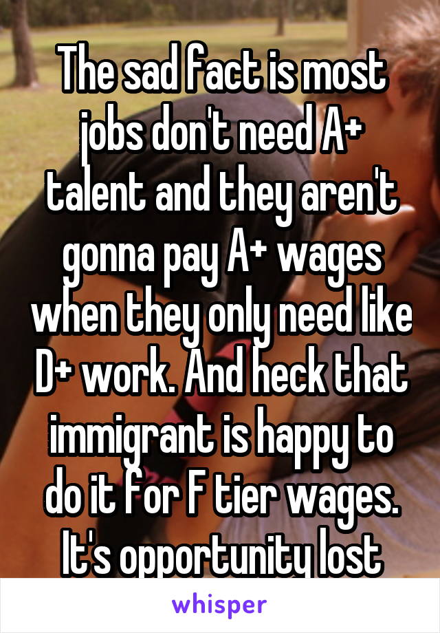 The sad fact is most jobs don't need A+ talent and they aren't gonna pay A+ wages when they only need like D+ work. And heck that immigrant is happy to do it for F tier wages. It's opportunity lost