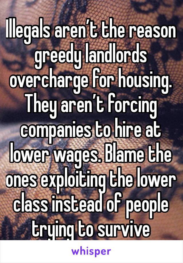 Illegals aren’t the reason greedy landlords overcharge for housing. They aren’t forcing companies to hire at lower wages. Blame the ones exploiting the lower class instead of people trying to survive