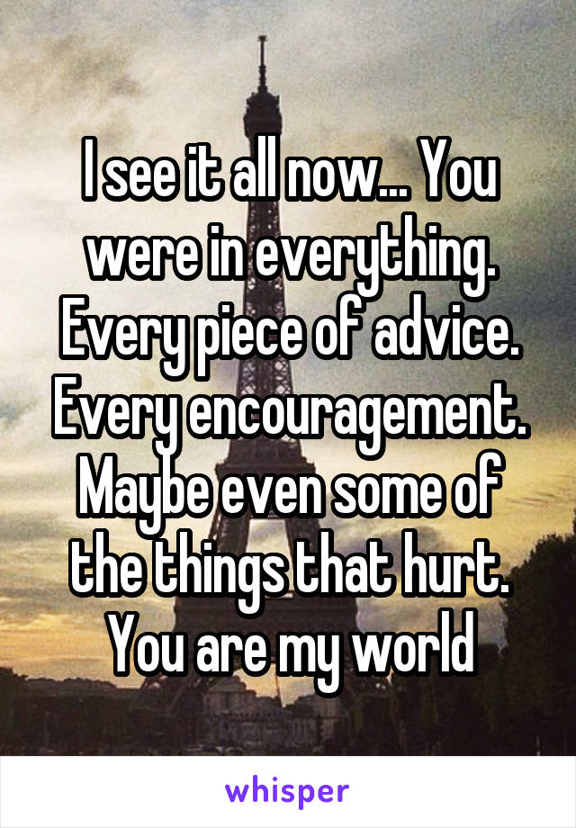 I see it all now... You were in everything. Every piece of advice. Every encouragement. Maybe even some of the things that hurt. You are my world