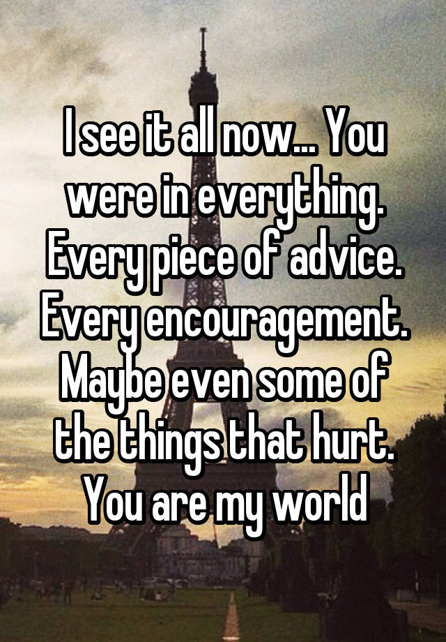 I see it all now... You were in everything. Every piece of advice. Every encouragement. Maybe even some of the things that hurt. You are my world