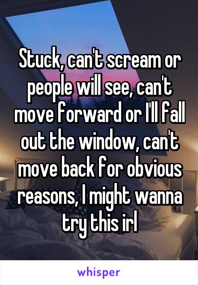 Stuck, can't scream or people will see, can't move forward or I'll fall out the window, can't move back for obvious reasons, I might wanna try this irl