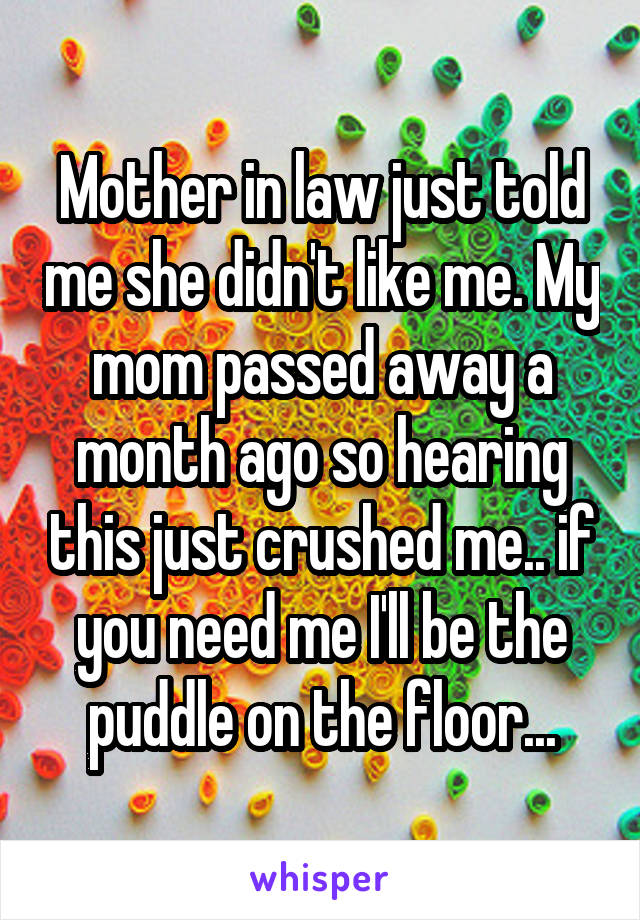 Mother in law just told me she didn't like me. My mom passed away a month ago so hearing this just crushed me.. if you need me I'll be the puddle on the floor...