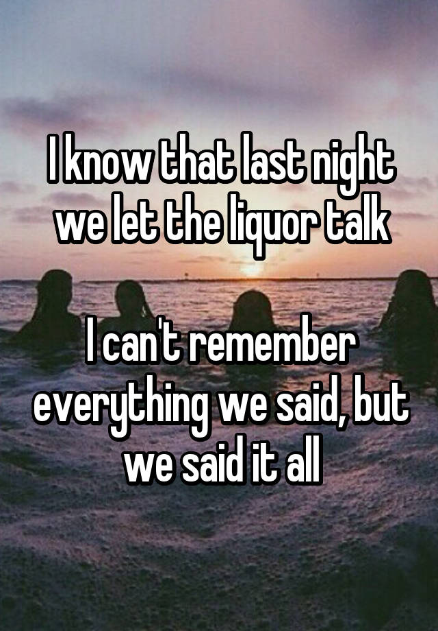 I know that last night we let the liquor talk

I can't remember everything we said, but we said it all