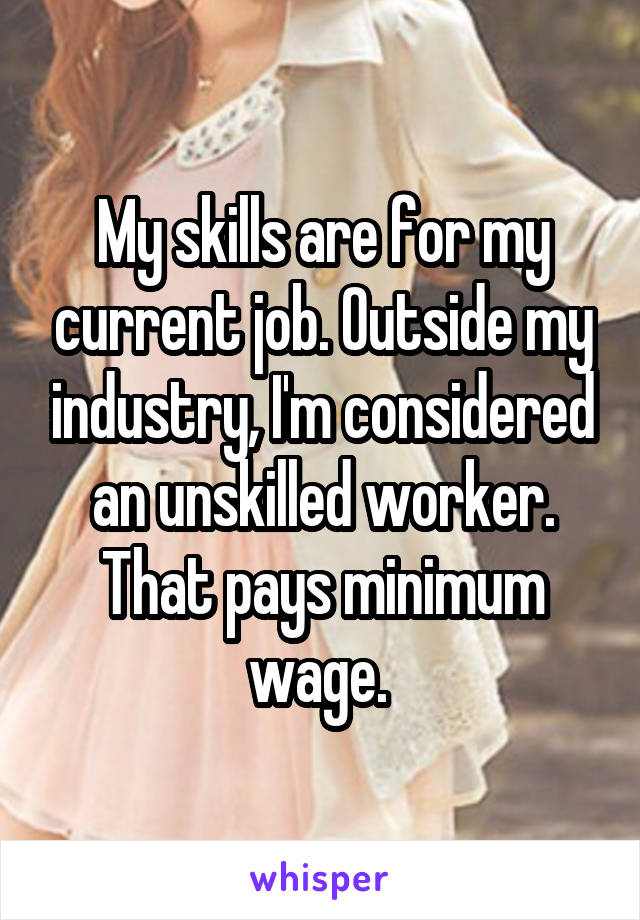 My skills are for my current job. Outside my industry, I'm considered an unskilled worker. That pays minimum wage. 