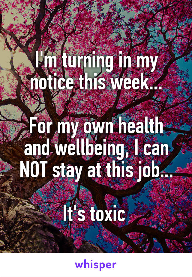 I'm turning in my notice this week...

For my own health and wellbeing, I can NOT stay at this job...

It's toxic 