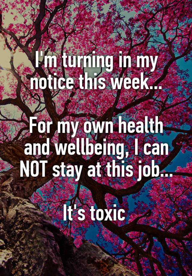 I'm turning in my notice this week...

For my own health and wellbeing, I can NOT stay at this job...

It's toxic 