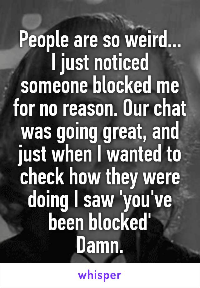 People are so weird...
I just noticed someone blocked me for no reason. Our chat was going great, and just when I wanted to check how they were doing I saw 'you've been blocked'
Damn.