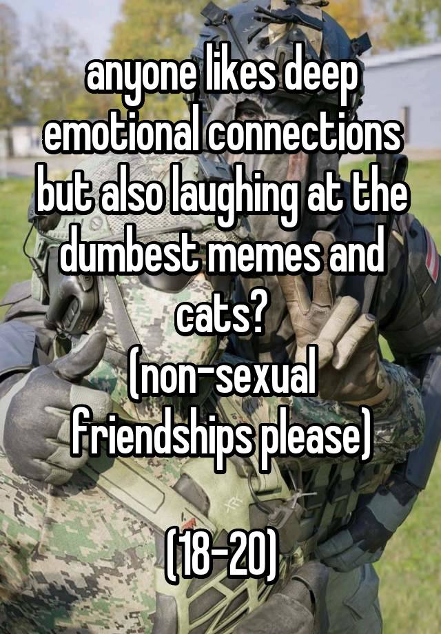 anyone likes deep emotional connections but also laughing at the dumbest memes and cats?
(non-sexual friendships please)

(18-20)