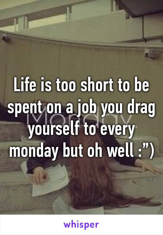 Life is too short to be spent on a job you drag yourself to every monday but oh well :”)