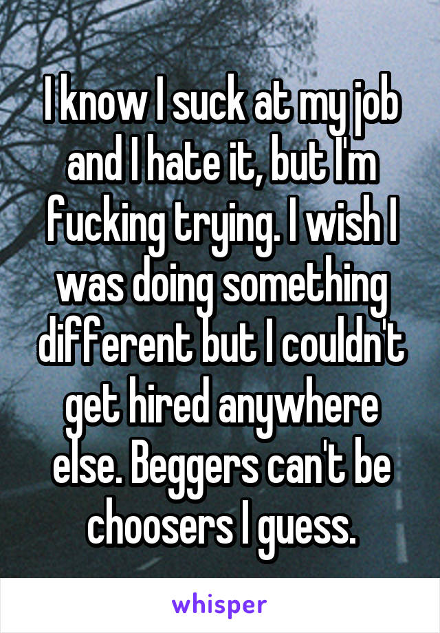 I know I suck at my job and I hate it, but I'm fucking trying. I wish I was doing something different but I couldn't get hired anywhere else. Beggers can't be choosers I guess.