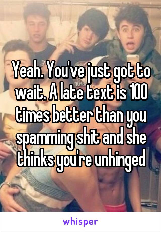 Yeah. You've just got to wait. A late text is 100 times better than you spamming shit and she thinks you're unhinged