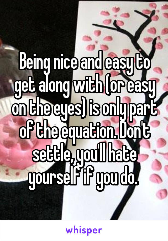 Being nice and easy to get along with (or easy on the eyes) is only part of the equation. Don't settle, you'll hate yourself if you do. 