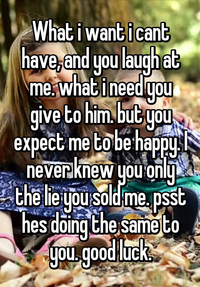 What i want i cant have, and you laugh at me. what i need you give to him. but you expect me to be happy. I never knew you only the lie you sold me. psst hes doing the same to you. good luck.