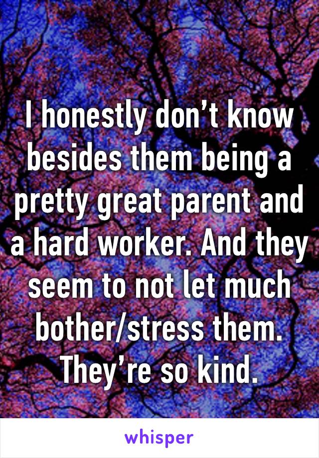 I honestly don’t know besides them being a pretty great parent and a hard worker. And they seem to not let much bother/stress them. They’re so kind. 