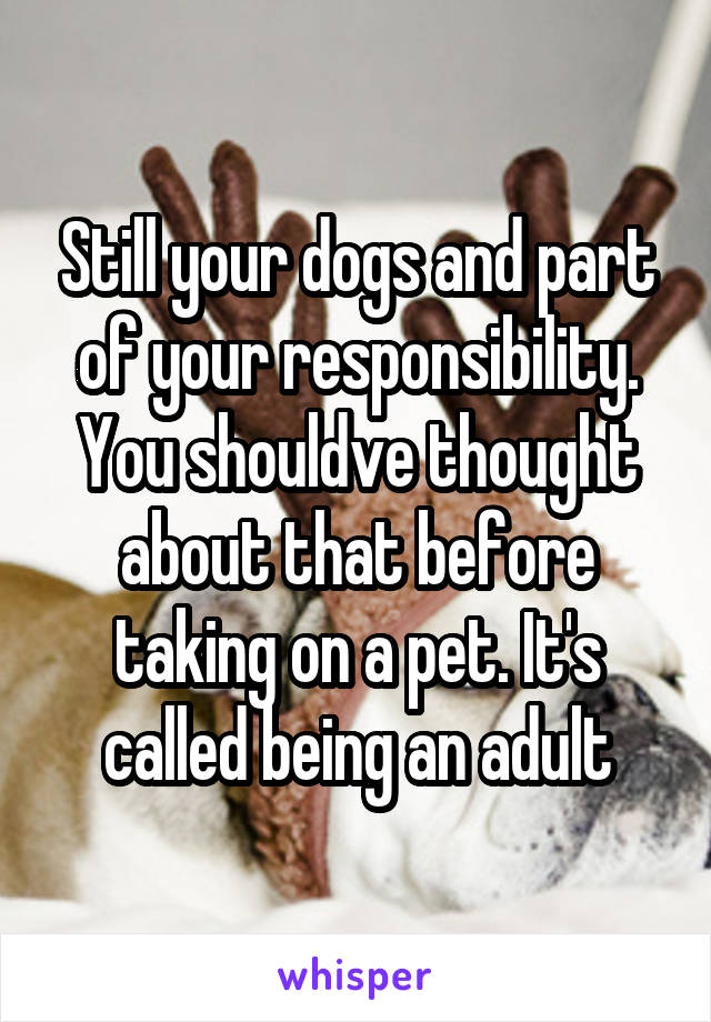 Still your dogs and part of your responsibility. You shouldve thought about that before taking on a pet. It's called being an adult