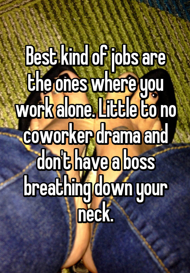 Best kind of jobs are the ones where you work alone. Little to no coworker drama and don't have a boss breathing down your neck.