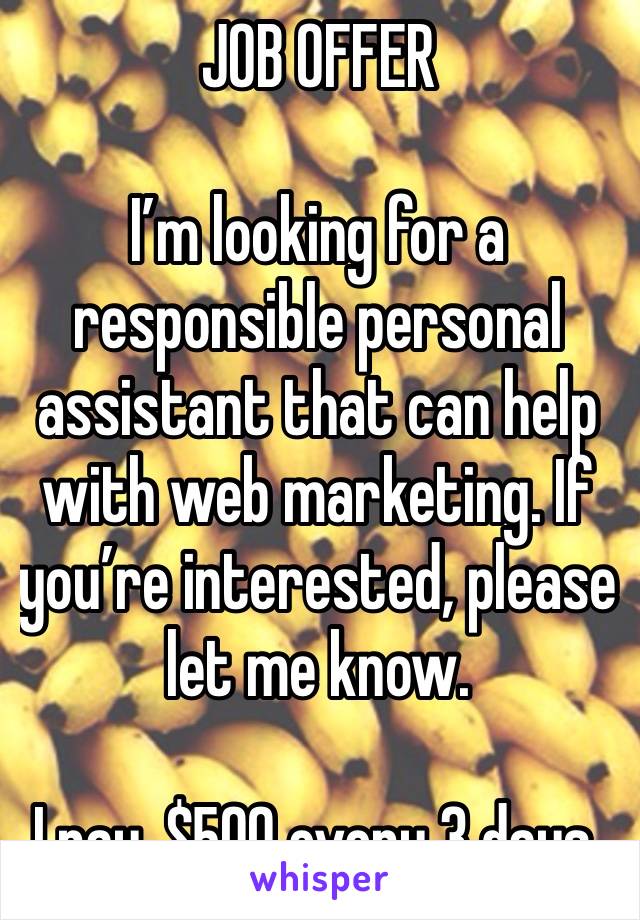 JOB OFFER 

I’m looking for a responsible personal assistant that can help with web marketing. If you’re interested, please let me know.

I pay, $500 every 3 days.