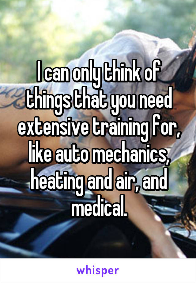 I can only think of things that you need extensive training for, like auto mechanics, heating and air, and medical.