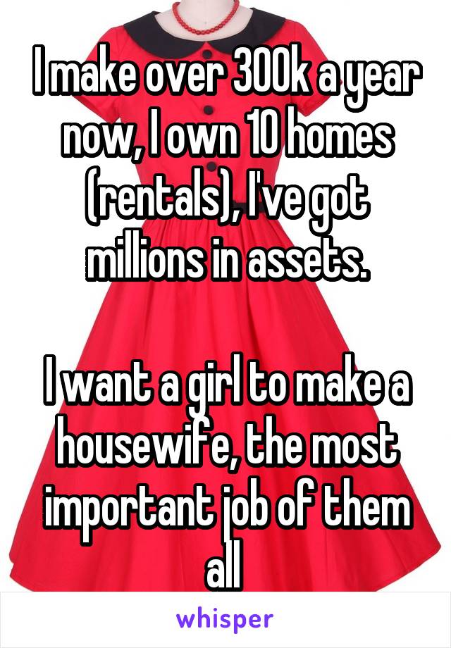 I make over 300k a year now, I own 10 homes (rentals), I've got millions in assets.

I want a girl to make a housewife, the most important job of them all 