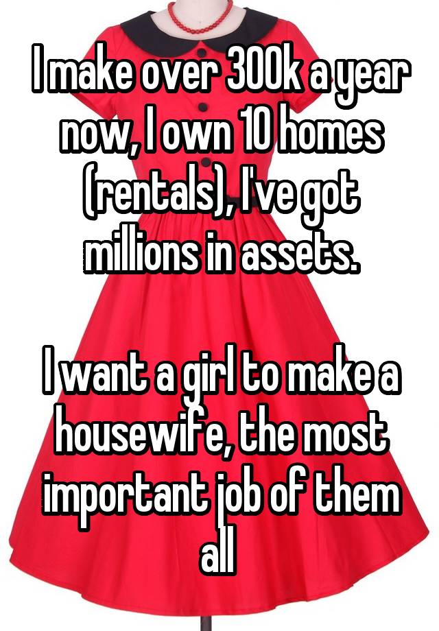 I make over 300k a year now, I own 10 homes (rentals), I've got millions in assets.

I want a girl to make a housewife, the most important job of them all 