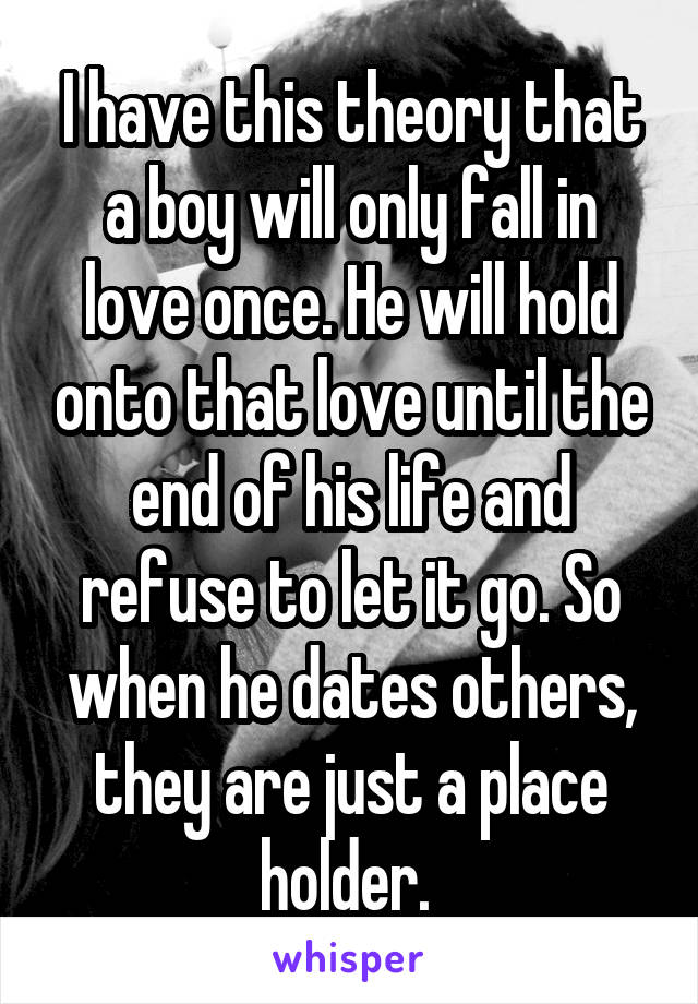 I have this theory that a boy will only fall in love once. He will hold onto that love until the end of his life and refuse to let it go. So when he dates others, they are just a place holder. 