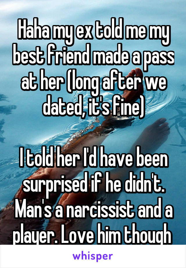 Haha my ex told me my best friend made a pass at her (long after we dated, it's fine)

I told her I'd have been surprised if he didn't. Man's a narcissist and a player. Love him though 