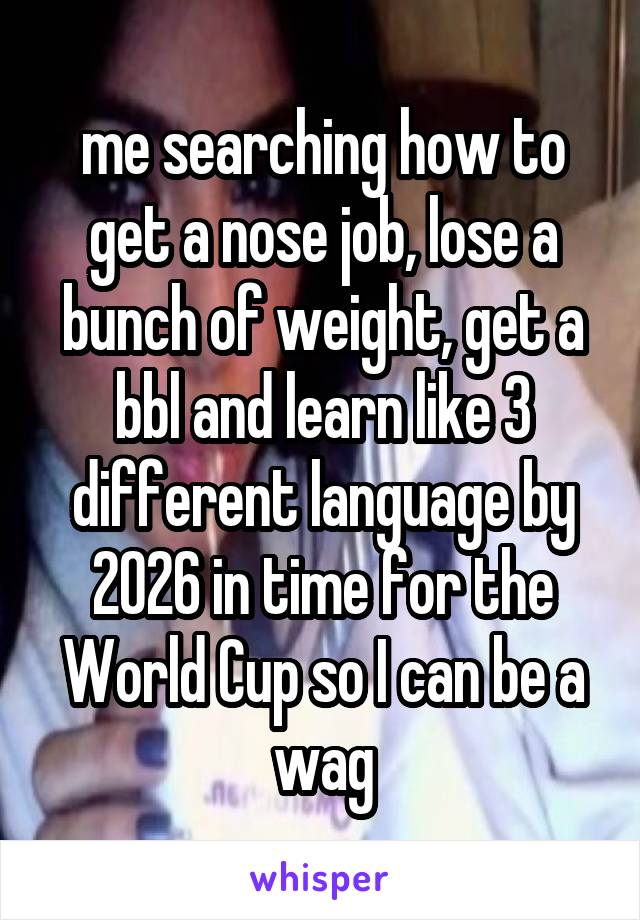 me searching how to get a nose job, lose a bunch of weight, get a bbl and learn like 3 different language by 2026 in time for the World Cup so I can be a wag