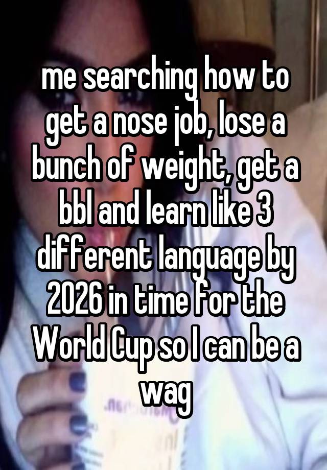 me searching how to get a nose job, lose a bunch of weight, get a bbl and learn like 3 different language by 2026 in time for the World Cup so I can be a wag