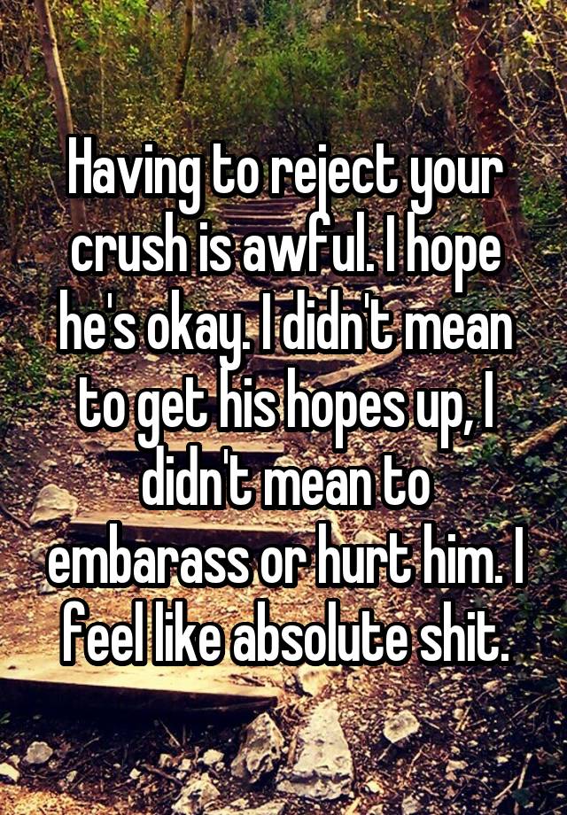 Having to reject your crush is awful. I hope he's okay. I didn't mean to get his hopes up, I didn't mean to embarass or hurt him. I feel like absolute shit.