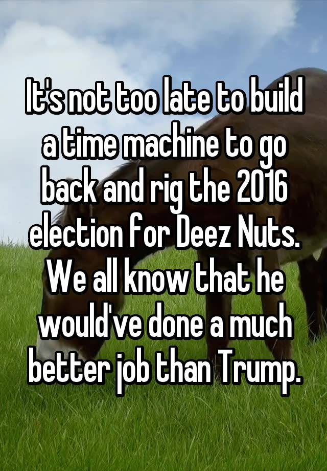 It's not too late to build a time machine to go back and rig the 2016 election for Deez Nuts. We all know that he would've done a much better job than Trump.