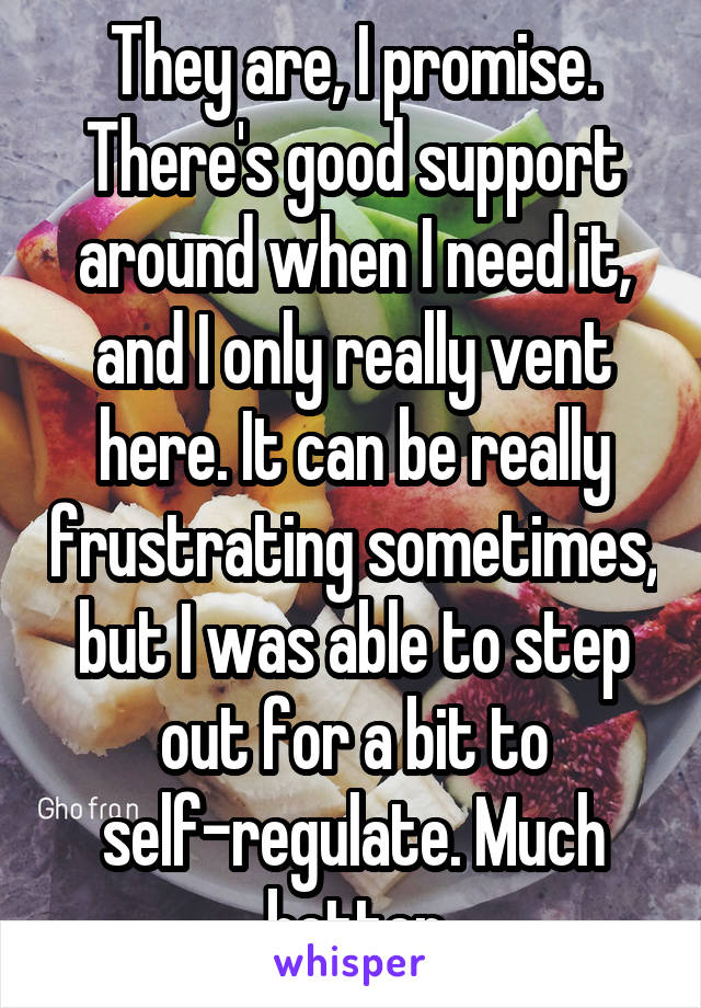 They are, I promise. There's good support around when I need it, and I only really vent here. It can be really frustrating sometimes, but I was able to step out for a bit to self-regulate. Much better