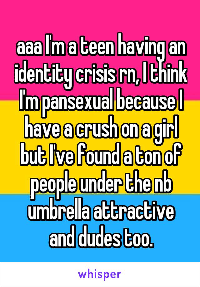 aaa I'm a teen having an identity crisis rn, I think I'm pansexual because I have a crush on a girl but I've found a ton of people under the nb umbrella attractive and dudes too.