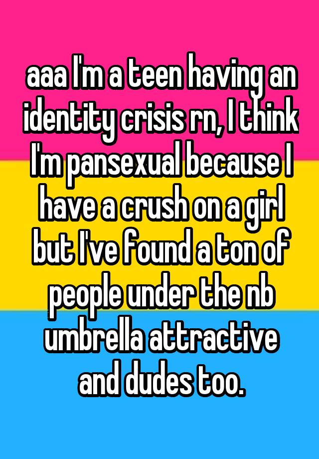 aaa I'm a teen having an identity crisis rn, I think I'm pansexual because I have a crush on a girl but I've found a ton of people under the nb umbrella attractive and dudes too.