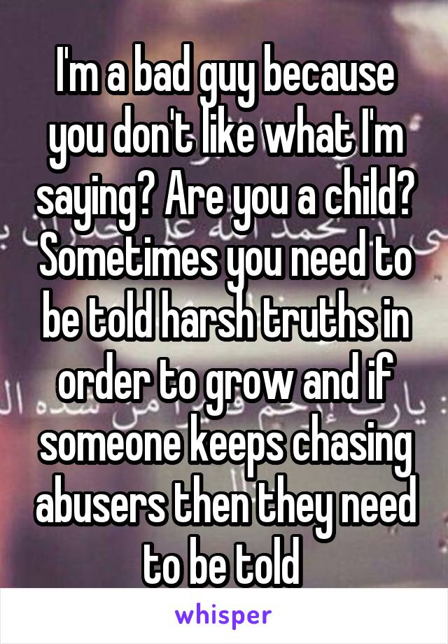 I'm a bad guy because you don't like what I'm saying? Are you a child? Sometimes you need to be told harsh truths in order to grow and if someone keeps chasing abusers then they need to be told 